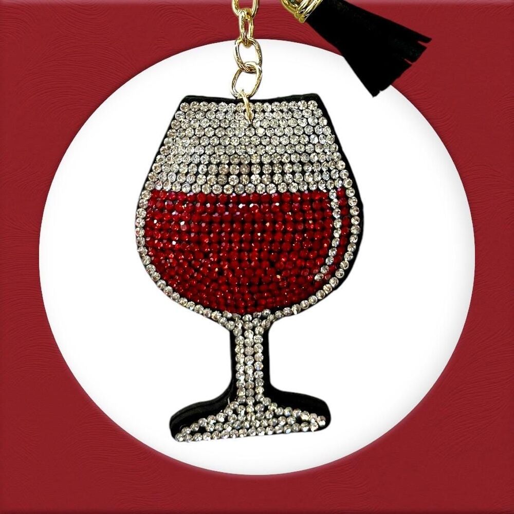 Adorable Rhinestone Wine Glass Keychain with Backpack Charm